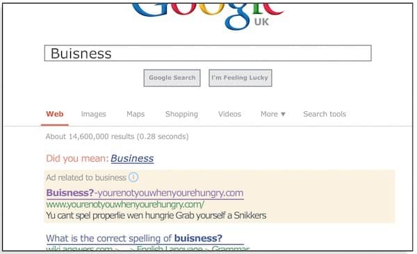 Snickers search ad example