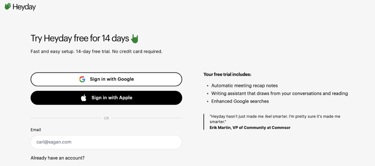 Heyday login page